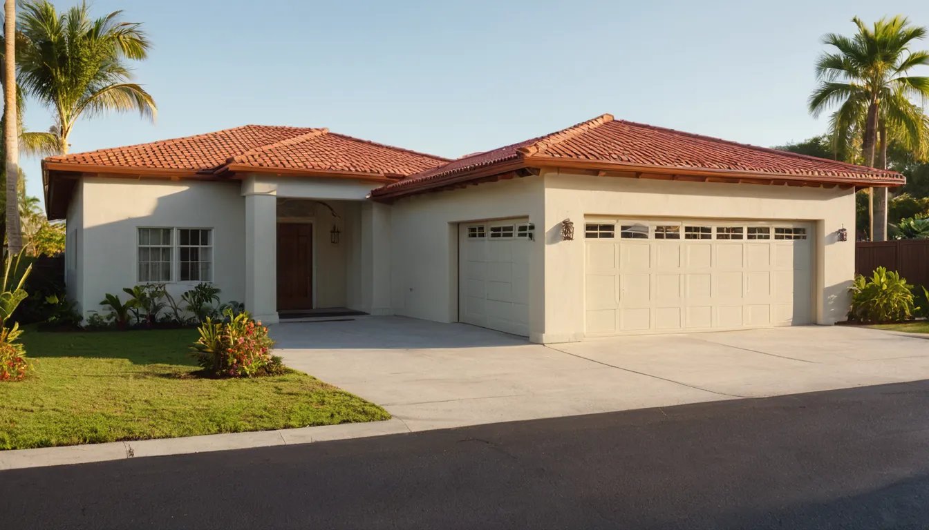 A garage door on a tidy home in Fort Lauderdale with a tile roof and green landscaping